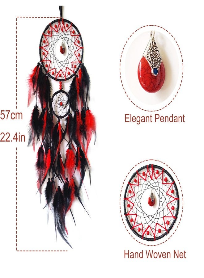 SOYUZU Black and Red Dream Catcher Wall Decor Feather Dream Catchers with Pendant Handmade Dreamcatcher Wall Hanging Ornament for Bedroom Living Room Home Decor - Image 2